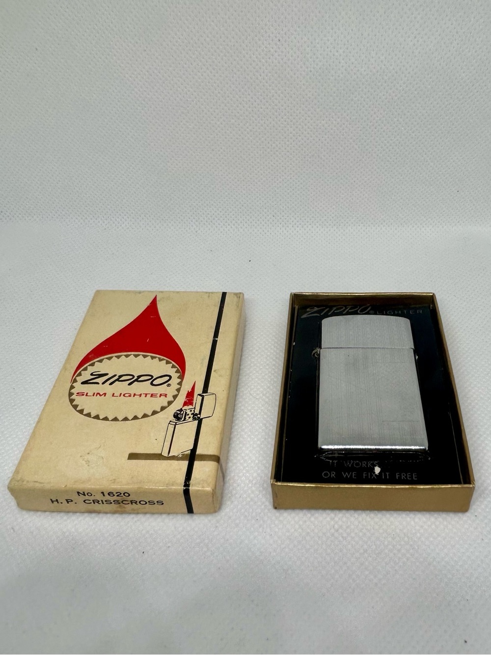 Vintage 1966 Zippo Slim Lighter 1620 H.P. Crisscross w/ Box Untested As-Is USA